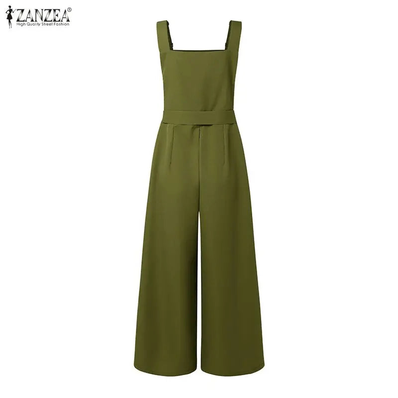 ZANZEA Elegant Wide Leg Bib Jumpsuits with Adjustable Suspender Strap & Detachable Sash, Summer Women Casual Overalls Streetwear