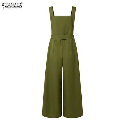 ZANZEA Elegant Wide Leg Bib Jumpsuits with Adjustable Suspender Strap & Detachable Sash, Summer Women Casual Overalls Streetwear
