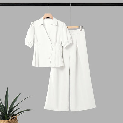 Women Elegant Office Pant Sets Puff Sleeve Peplum Tops Wide Leg Pants Pleated Cinched Waist Workwear V-Neck Solid Suit ZANZEA
