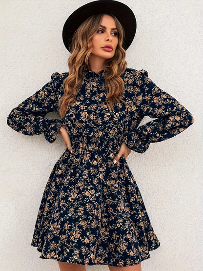 Elegant Women's Spring Autumn Floral Print A Line Dress Casual Vintage Office Lady Sexy Turtleneck Long Sleeve Slim Dresses