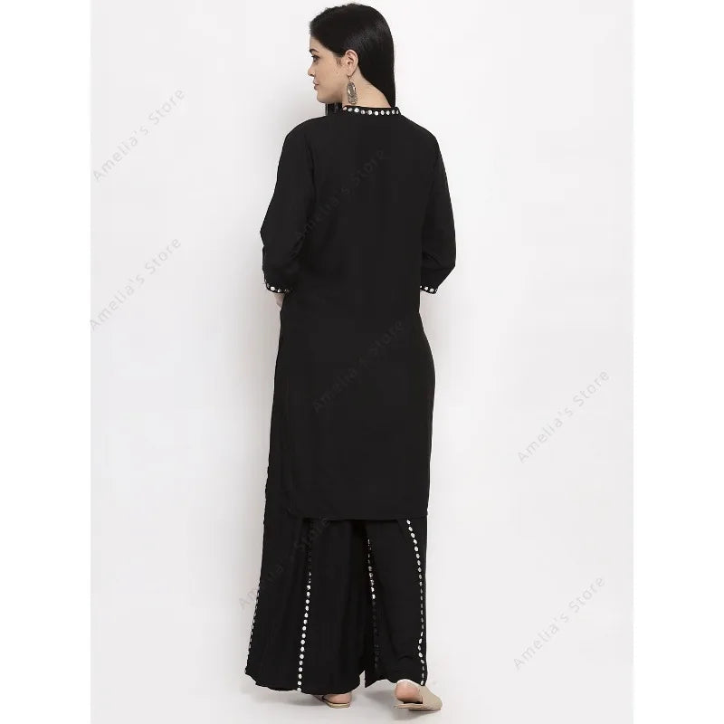 Indian Dress Women's Black Mirror Work Kurta Sharara Set Elegant Ethnic Suit for Party Festive Wear Pakistani