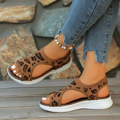 Women's Casual Sandals Open Toe Low Platform Heel Animal Pattern Slip on Sporty Slingback Outdoor Walking Footwear Knit Upper