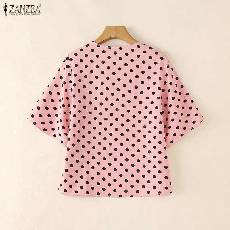 ZANZEA Woman Elegant Half Bell Sleeves Blouses Vintage Polka Dot V-Neck Loose Tops 2026 Summer Vacation Casual Blusas de Mujer