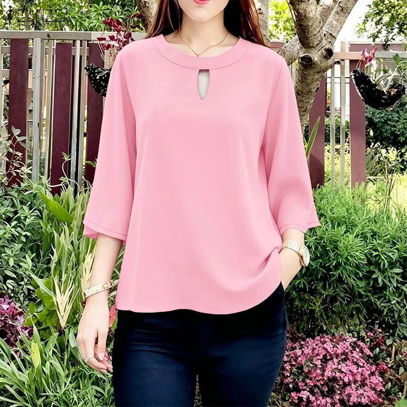 ZANZEA Woman Minimalist Loose Blouses Cutout O-Neck 3/4 Sleeve Solid Color Tunic Tops 2026 Autumn Casual Daily Wear Blusas Mujer