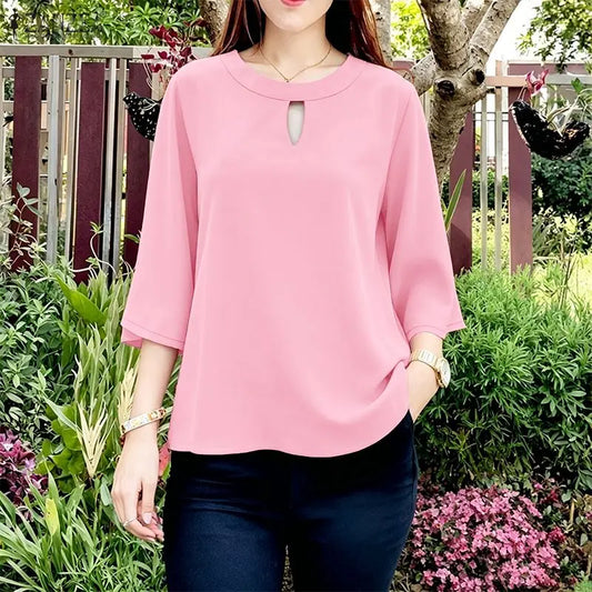 ZANZEA Woman Minimalist Loose Blouses Cutout O-Neck 3/4 Sleeve Solid Color Tunic Tops 2026 Autumn Casual Daily Wear Blusas Mujer