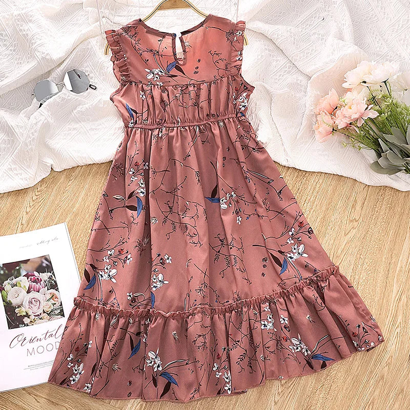 Summer Girl next Door Dress round Neck Sleeveless Floral Print Ruffled Hem Knee Length Skirt Sweet Cute Everyday Vacations