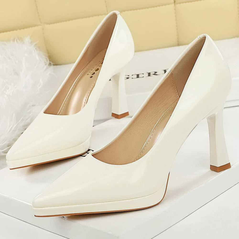 BIGTREE Shoes Platform Women Pumps Patent Leather High Heels Pointed Chunky Heels 9.5 cm Sexy Party Shoes Luxury Banquet Shoes