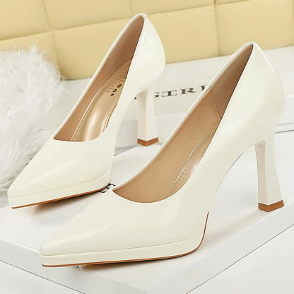 BIGTREE Shoes Platform Women Pumps Patent Leather High Heels Pointed Chunky Heels 9.5 cm Sexy Party Shoes Luxury Banquet Shoes