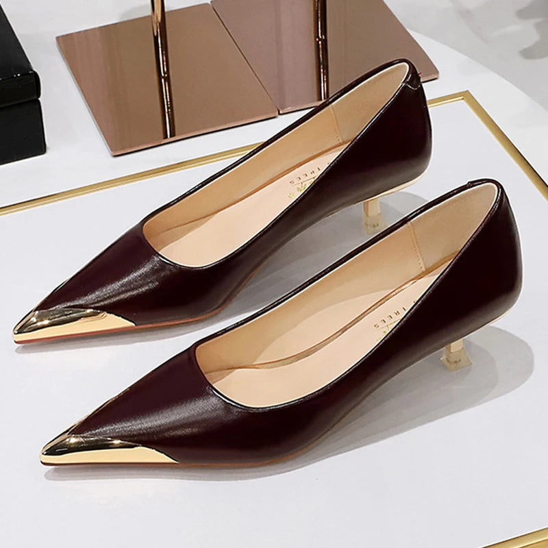 BIGTREE Shoes Women Pumps Metal Pointed Tip Kitten Heels Stiletto 4.5 cm Luxury Banquet Shoes Sexy Party Shoes Women Heels New