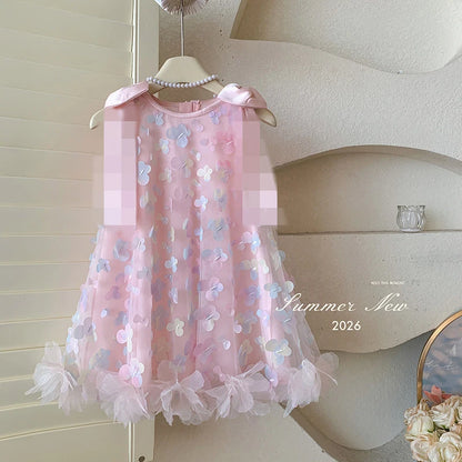 Girls' New Summer Sleeveless Sweet Peach Pink Colorful Three-Dimensional Butterfly Mesh Dress