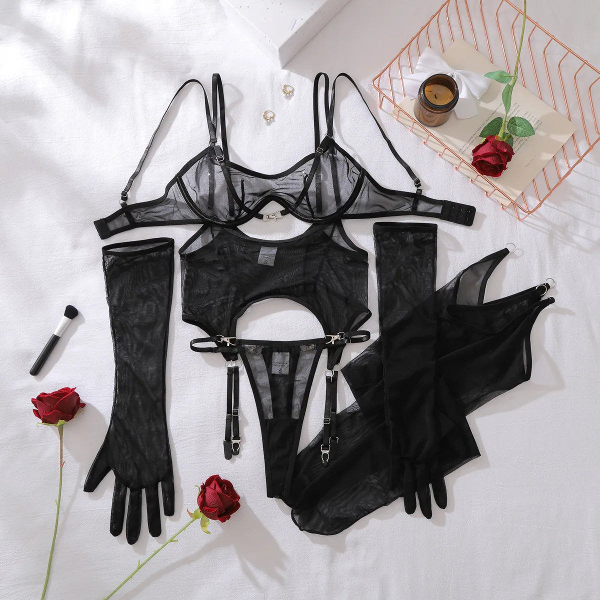 Sexy Mesh Breathable Lingerie Stockings Women's Shaping Ultra-thin Split Underwear Set Female Solid See Through Bra & Brief Sets