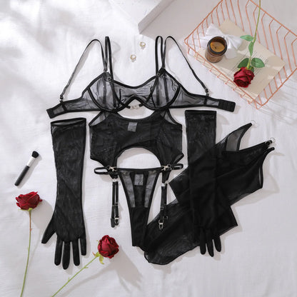 Sexy Mesh Breathable Lingerie Stockings Women's Shaping Ultra-thin Split Underwear Set Female Solid See Through Bra & Brief Sets
