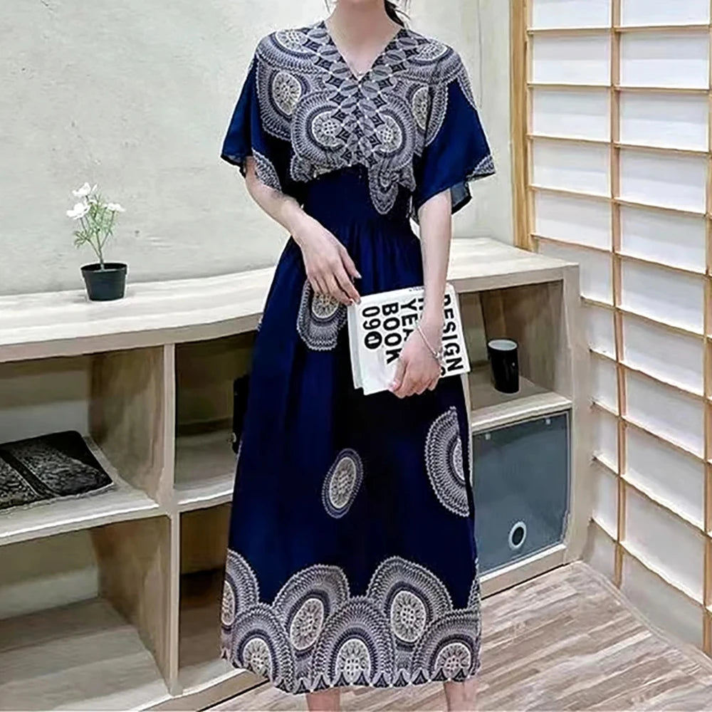 Casual Elegant Retro Bohemian National Style V-neck Elastic  Waist Large Swing Printed Summer Long Skirt Woman Dress Clothes