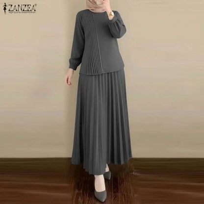 2026 ZANZEA Elegant Muslim 2 Pieces Sets Dubai Hijab Tracksuit Summer Women Long Sleeve Tops Dress Suit Ramadan Outfits Oversize