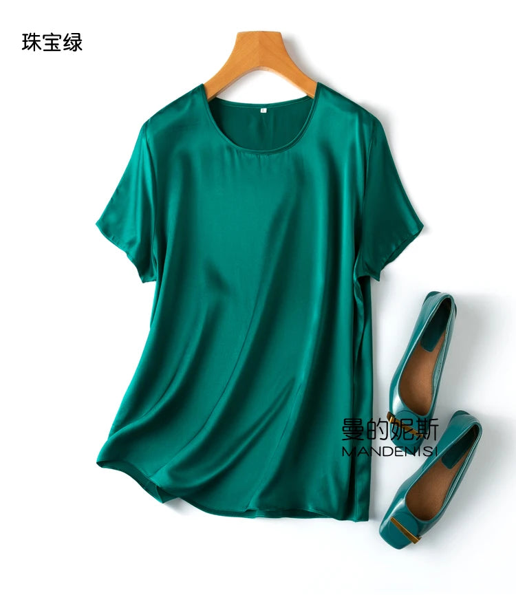 ZVAQS 100% Mulberry Silk T Shirts Woman Elegant Satin T Shirt 27 Colors High Quality Silk Summer Tops 2025 Women Clothing Топ