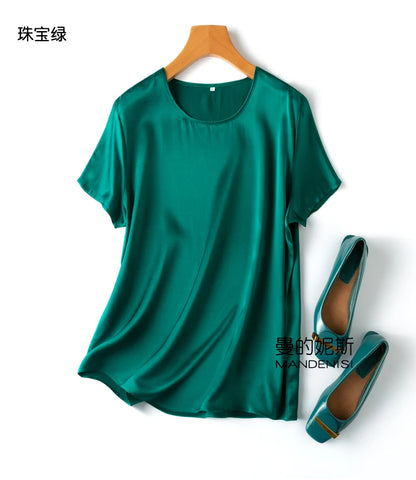 ZVAQS 100% Mulberry Silk T Shirts Woman Elegant Satin T Shirt 27 Colors High Quality Silk Summer Tops 2025 Women Clothing Топ