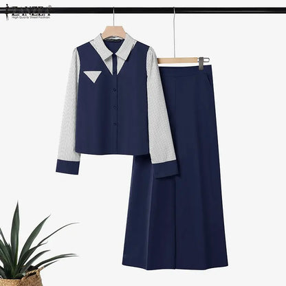 ZANZEA Autumn Stripe Patchwork Long Sleeve Blouse Wide Leg Pants Sets Women Muslim Two Piece Suit Elegant Modest Ramadan Outfits