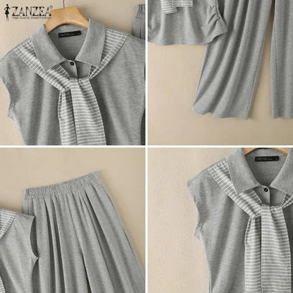 ZANZEA Women 2 Pieces Matching Sets Fashion Striped Tie Patchwork T-Shirt & Wide Leg Pant 2pcs Suits Casual Chic Tracksuits