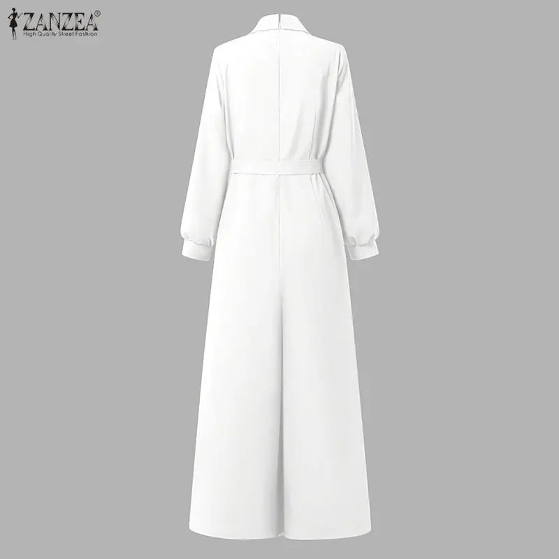ZANZEA Women's Minimalist Jumpsuits Summer Lapel Neck Long Sleeve Belted Wide Leg Pant Overalls Elegant Office Work Playsuits