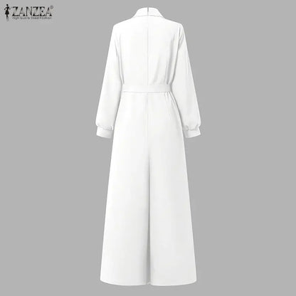 ZANZEA Women's Minimalist Jumpsuits Summer Lapel Neck Long Sleeve Belted Wide Leg Pant Overalls Elegant Office Work Playsuits