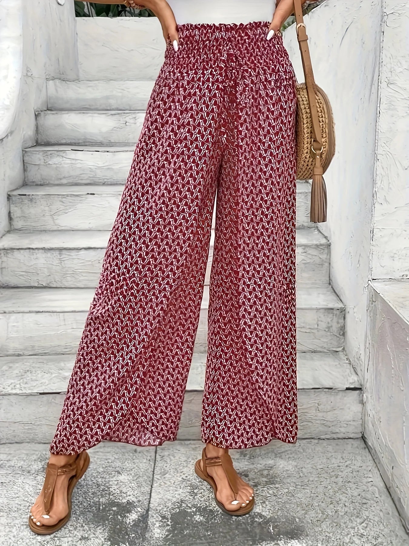 Spring Summer Women Elegant Wide Legs Pants Casual Vacation Beach Print Trousers Office Lady Loose High Waist Pants