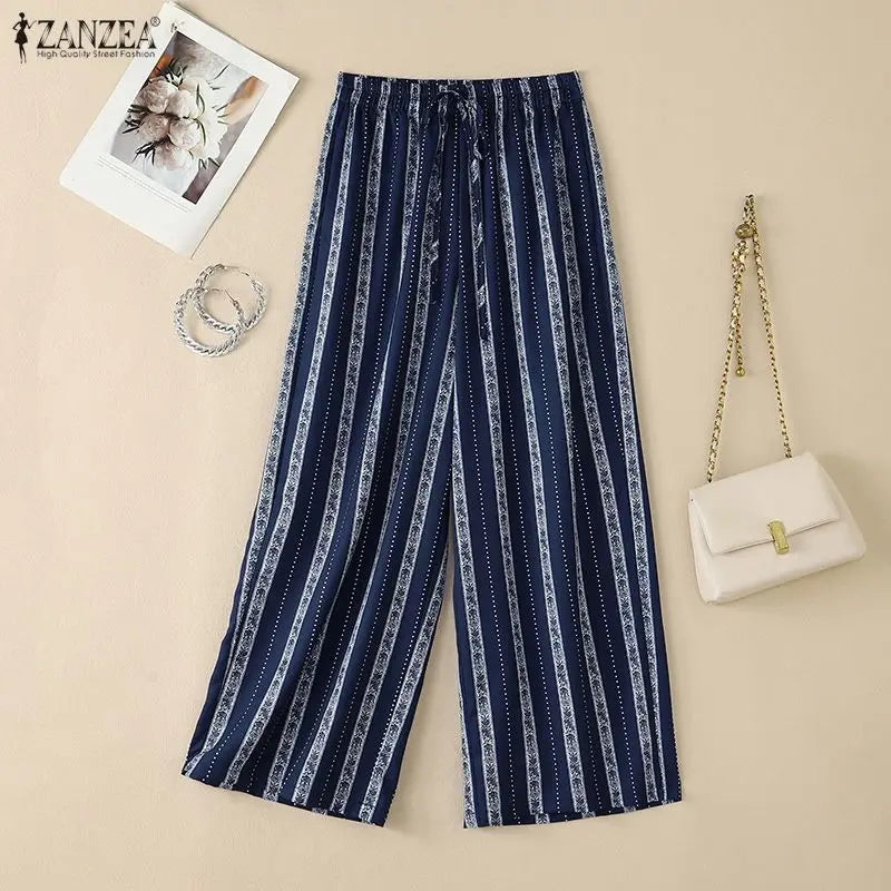 ZANZEA Women Casual Trousers Summer Bohemian Holiday Pants Elastic Waist Baggy Pantalon Vintage Lace -Up Striped Beach Palazzo