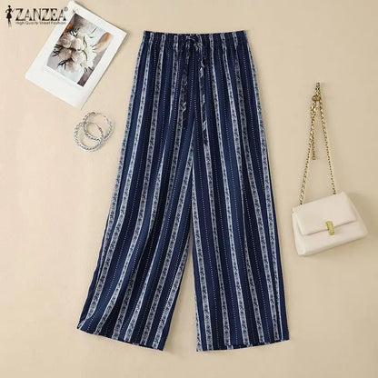 ZANZEA Women Casual Trousers Summer Bohemian Holiday Pants Elastic Waist Baggy Pantalon Vintage Lace -Up Striped Beach Palazzo