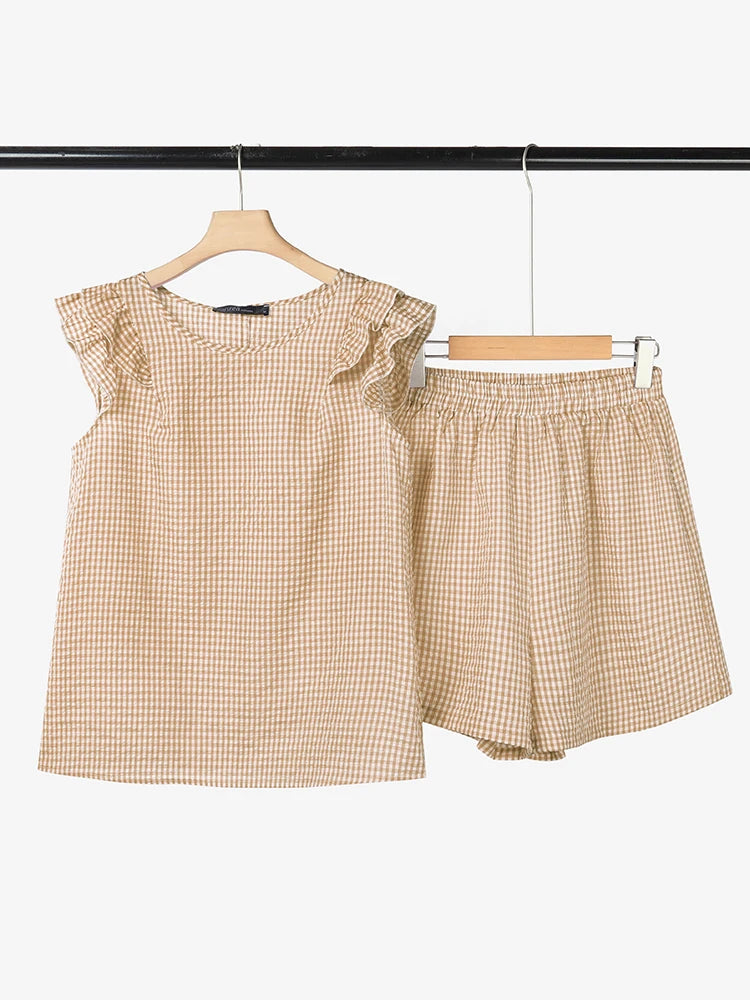 Stylish Smmer 2 Pieces Sets ZANZEA Women Outfits Elegant Sleeveless Blouse Short Sets Plaid Checked Tracksuit 2PCS Holiday Suit