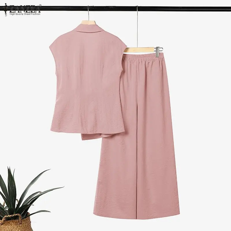 ZANZEA Summer Outfits Sleeveless V-Neck Tanks With Wide Leg Pants Elegant Women 2 Pieces Sets Casual Solid Color Work Wear Suit