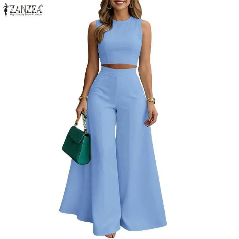 ZANZEA Elegant Women's Loose Pant Suits Wide Leg Pant & Sleeveless Crop Top 2 Pieces Sets Summer Fashion Solid Color Outfits