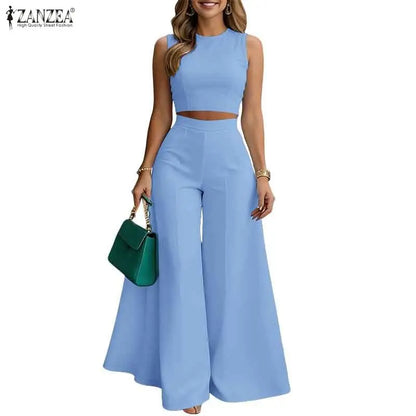 ZANZEA Elegant Women's Loose Pant Suits Wide Leg Pant & Sleeveless Crop Top 2 Pieces Sets Summer Fashion Solid Color Outfits