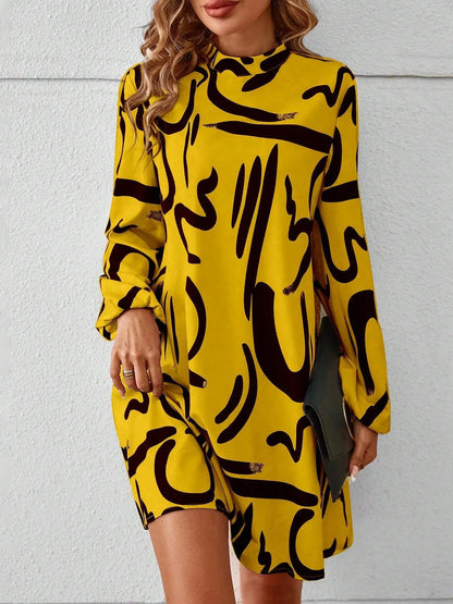 Women's All Over Print Keyhole Neckline Tunic Dress, Sleeve Short Dress for Fall & Winter, Women's Clothing for Daily Wear