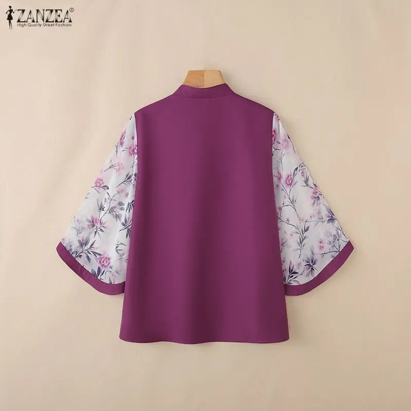 ZANZEA Vintage Style Blouses for Woman Mandarin Collar Floral Printed 3/4 Sleeve Tunic Tops Summer Elegant Blusas de Mujer