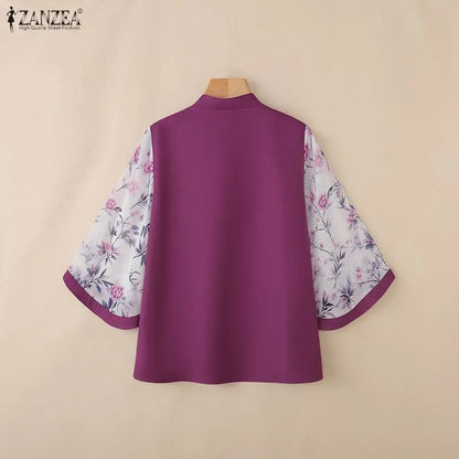 ZANZEA Vintage Style Blouses for Woman Mandarin Collar Floral Printed 3/4 Sleeve Tunic Tops Summer Elegant Blusas de Mujer