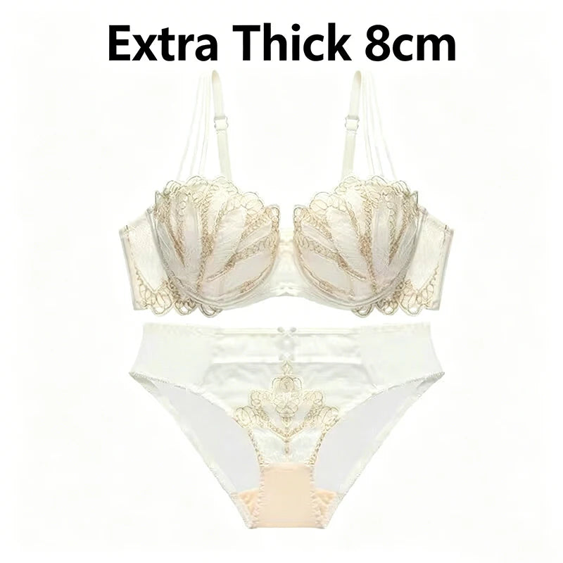 Women's Sexy Half-Cup Bra 1/2 Cup Gathering Soft Steel Ring Push-Up Lace Comfortable Underwear Set 8CM