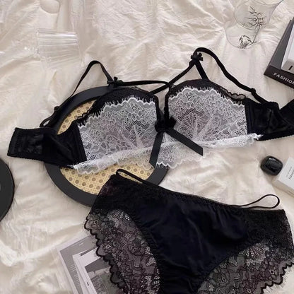 BANERDANNI Kawaii Anime Bra Set Japan Maid Lace Bralette with Thicken Pads Cut-Out Design Small Bust Enhancer Pure-Sex Underwear
