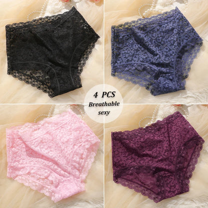 4PCS/SET See Through Lace Panties Women High Waist Full Hip Breathable Underwear Multi Color Skin-Friendly Intimate Lingerie New