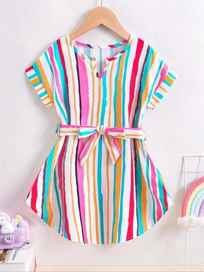 Girls' Summer Casual Fashion Sweet Colorful Striped V-Neck Belted Irregular Hem Short-Sleeved Dress