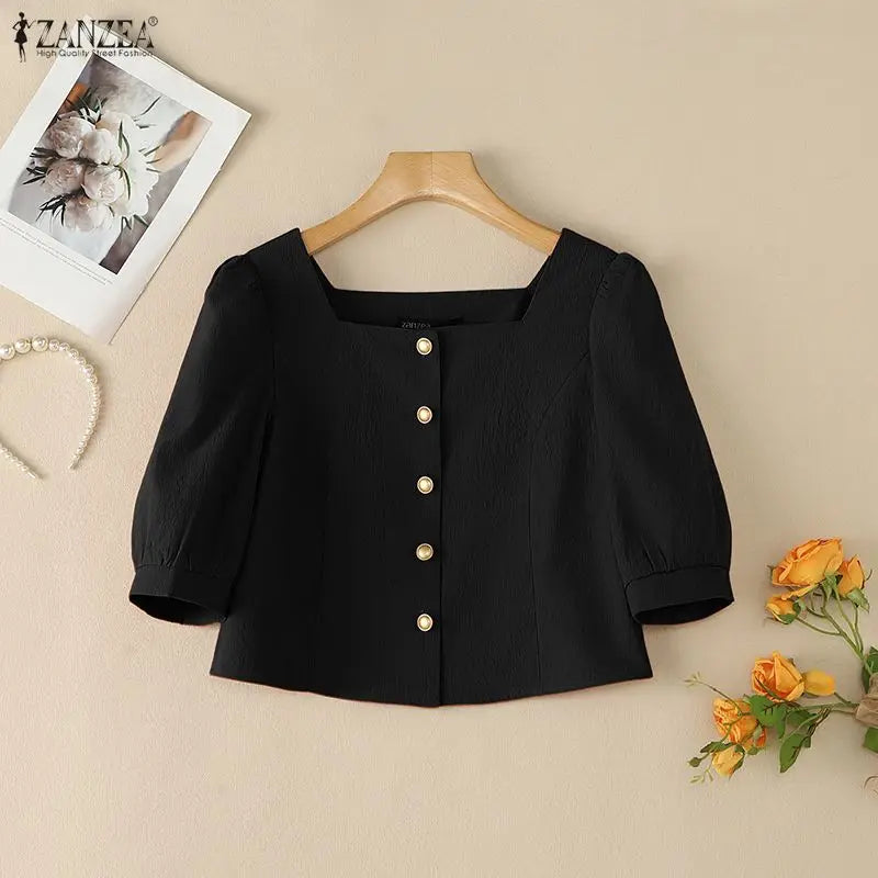 ZANZEA Summer Autumn Women Blouses Fashion Square Collar Solid Color Tops Half Sleeve Tee Blusas Fashion Streetwear Oversize