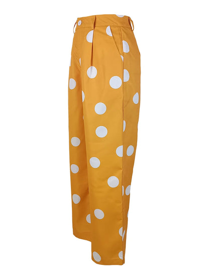 Plus Size Polka Dot Wide Leg Pants Women Summer High Waist Casual Loose Yellow Palazzo Trousers with Pockets Fashion Streetwear