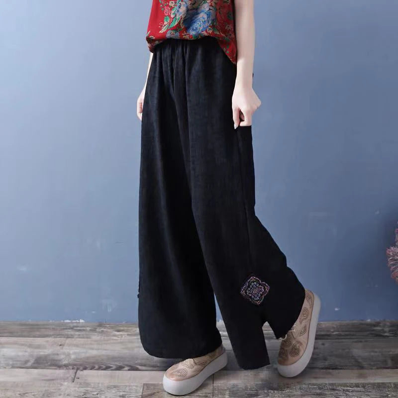 High Waist Straight Leg Cotton Linen Patchwork Embroidered Wide Leg Pants Spring Summer Casual High Waist Long Trousers