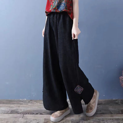 High Waist Straight Leg Cotton Linen Patchwork Embroidered Wide Leg Pants Spring Summer Casual High Waist Long Trousers