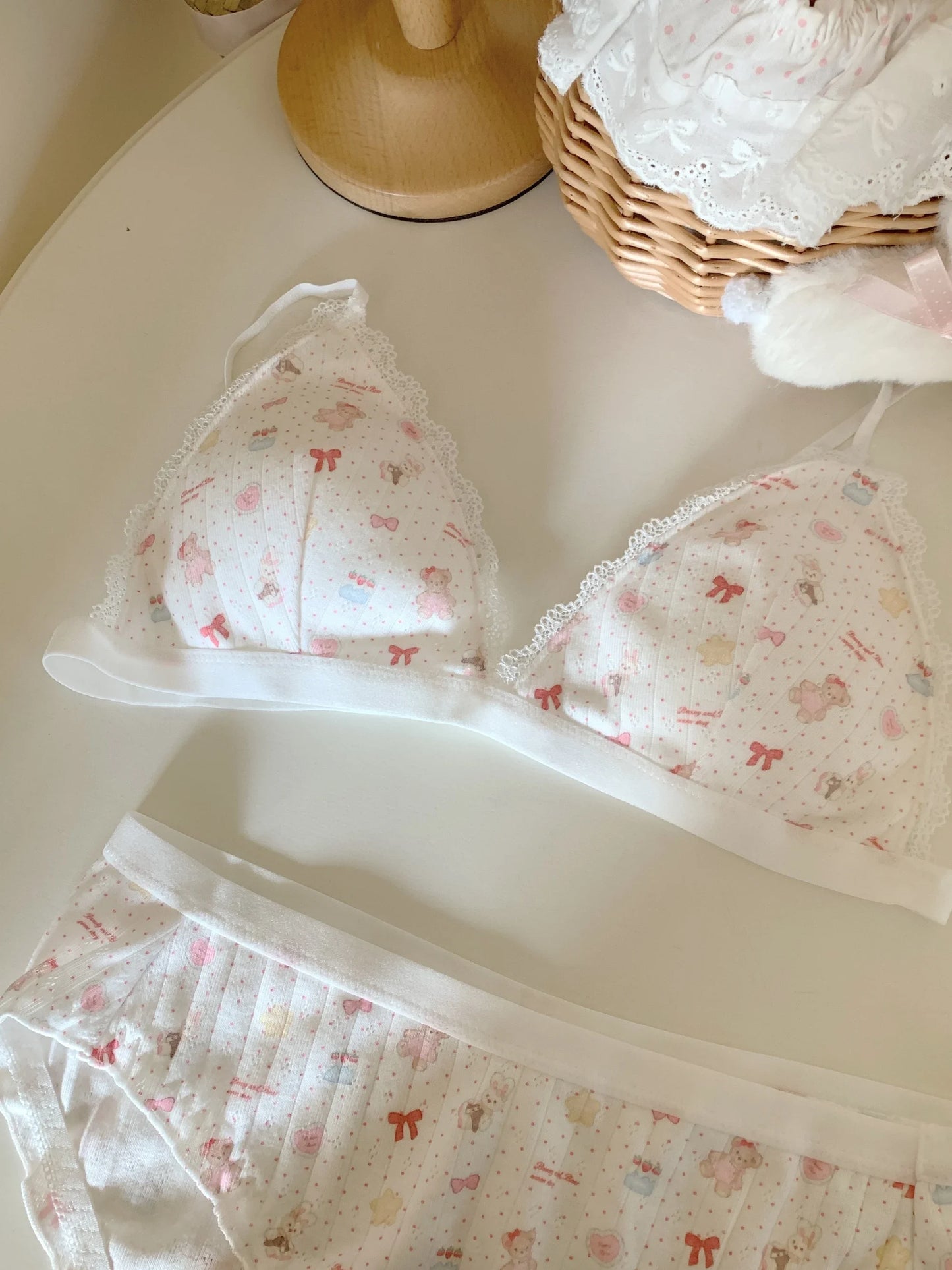 Secret of the Happy Little Bear Lingerie Sweet Feminine 100% Cotton Breathable Underwear Comfortable Small-Cup Bra Set Wire-Free