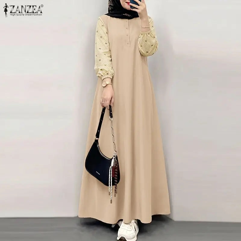 ZANZEA Women Patchwork Muslim Abaya Maxi Dresses Casual O Neck Long Sleeve Loose Ramadan Sundress Kaftan Hijab Dress Robe Femme