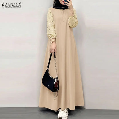 ZANZEA Women Patchwork Muslim Abaya Maxi Dresses Casual O Neck Long Sleeve Loose Ramadan Sundress Kaftan Hijab Dress Robe Femme