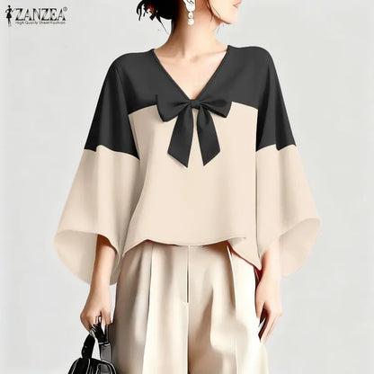 ZANZEA Woman Elegant Chic Blouses Contrast-Color Bow Detail V-Neck 3/4 Bell Sleeves Pullover Tops Summer Casual Blusas de Mujer