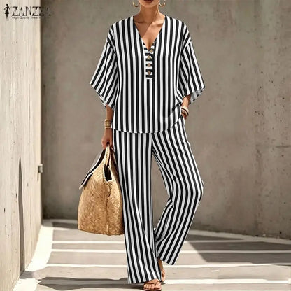 ZANZEA Summer Autumn 3/4 Sleeve Tops Women Pants Sets Fashion V Neck Blusas Wide Leg Pants 2PCS OL Work Party Two-piece Outfits