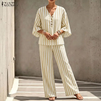 ZANZEA Summer Autumn 3/4 Sleeve Tops Women Pants Sets Fashion V Neck Blusas Wide Leg Pants 2PCS OL Work Party Two-piece Outfits