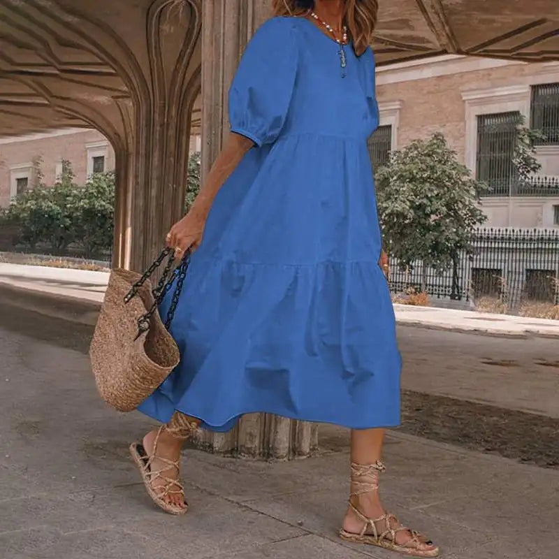 Summer New Solid Color Short Sleeved Loose For Women's Dresses Fashion Casual Patchwork Retro Beach Holiday Maxi Female Sundress