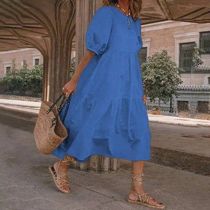 Summer New Solid Color Short Sleeved Loose For Women's Dresses Fashion Casual Patchwork Retro Beach Holiday Maxi Female Sundress